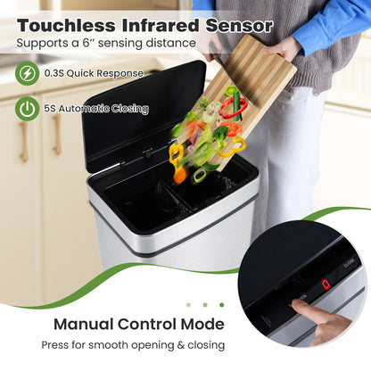 16 Gallon Trash Can Infrared Motion Sensor Garbage Can with Dual Compartments, Silver Kitchen Trash Cans at Gallery Canada