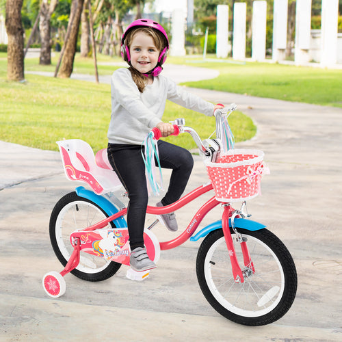16 Inch Girls Bike for 4-7 Years Old Kids Bike with Doll Seat and Training Wheels, Pink