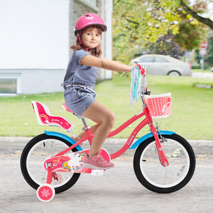 16 Inch Girls Bike for 4-7 Years Old Kids Bike with Doll Seat and Training Wheels, Pink Ride On Toys at Gallery Canada