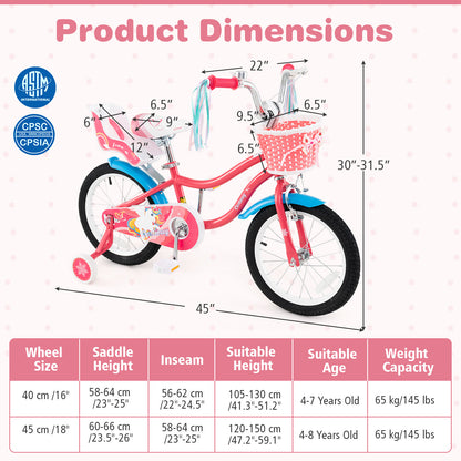 16 Inch Girls Bike for 4-7 Years Old Kids Bike with Doll Seat and Training Wheels, Pink Ride On Toys at Gallery Canada