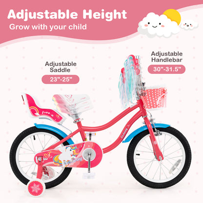 16 Inch Girls Bike for 4-7 Years Old Kids Bike with Doll Seat and Training Wheels, Pink Ride On Toys at Gallery Canada