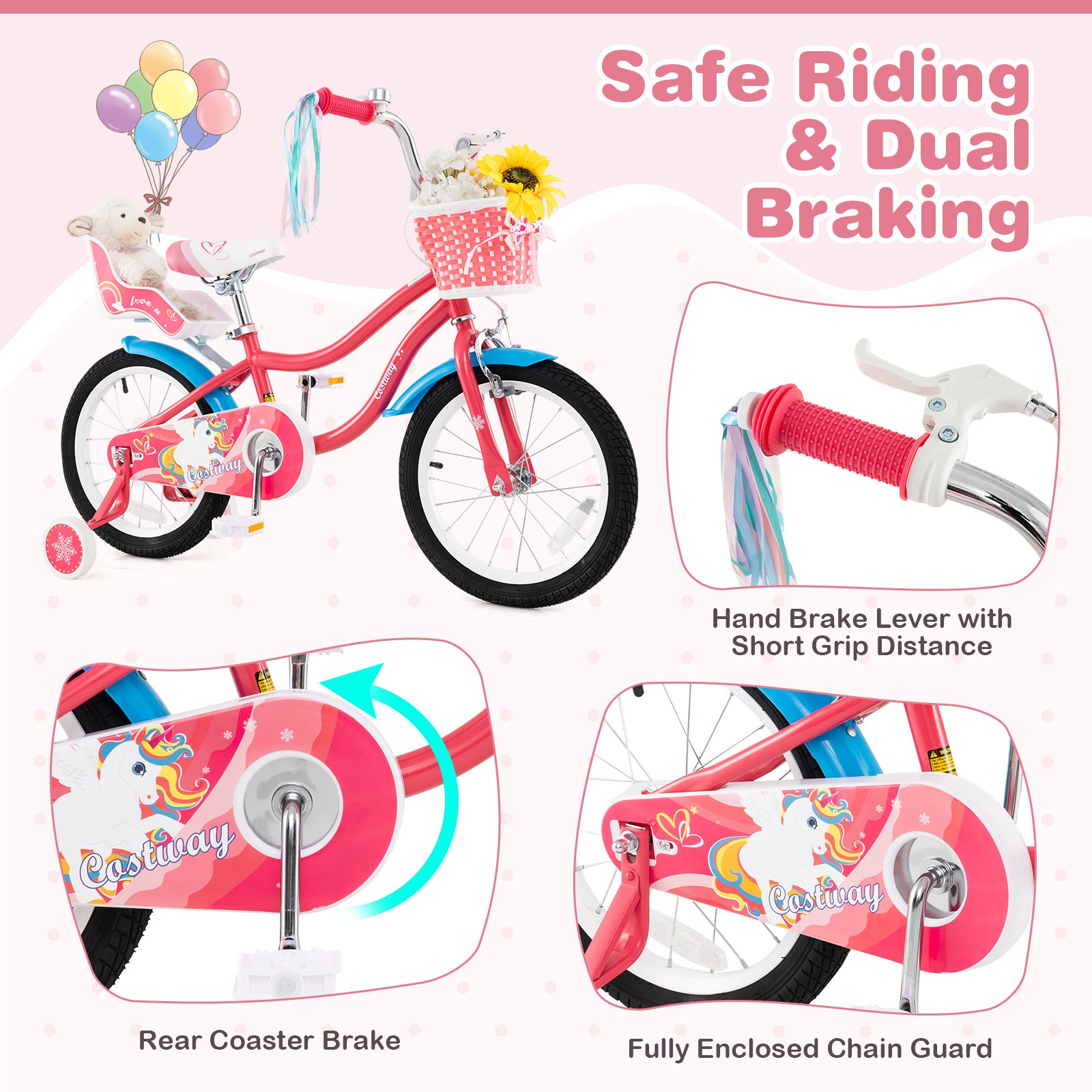 16 Inch Girls Bike for 4-7 Years Old Kids Bike with Doll Seat and Training Wheels, Pink Ride On Toys at Gallery Canada