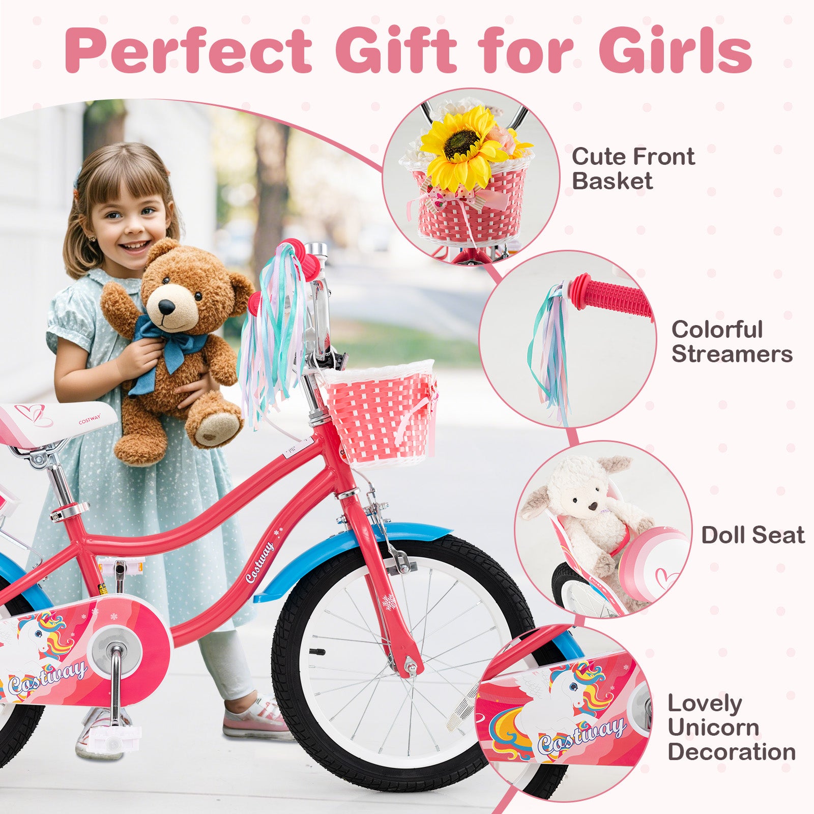 16 Inch Girls Bike for 4-7 Years Old Kids Bike with Doll Seat and Training Wheels, Pink Ride On Toys at Gallery Canada