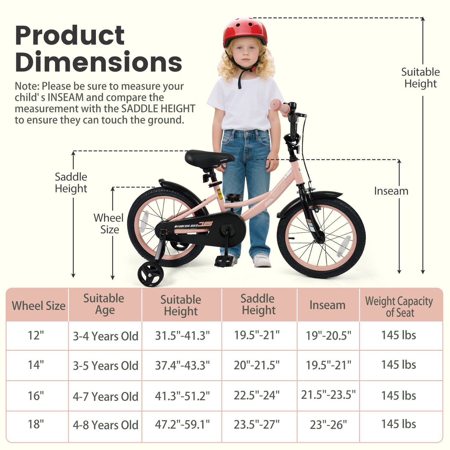 16 Inch Kids Bike Adjustable with Removable Training Wheels Pink for 3-8 Years Old, Pink Kids Bike at Gallery Canada