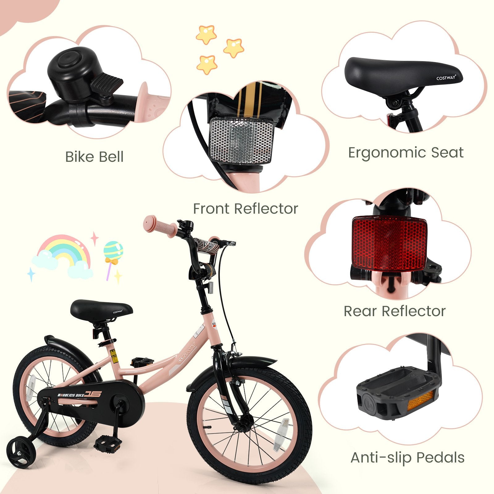 16 Inch Kids Bike Adjustable with Removable Training Wheels Pink for 3-8 Years Old, Pink Kids Bike at Gallery Canada