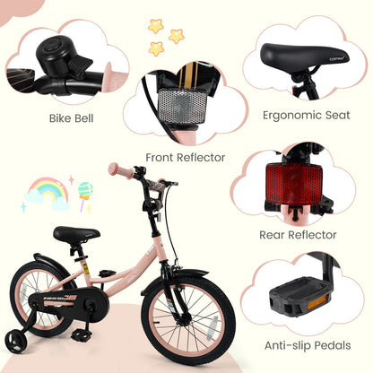 16 Inch Kids Bike Adjustable with Removable Training Wheels Pink for 3-8 Years Old, Pink Kids Bike at Gallery Canada