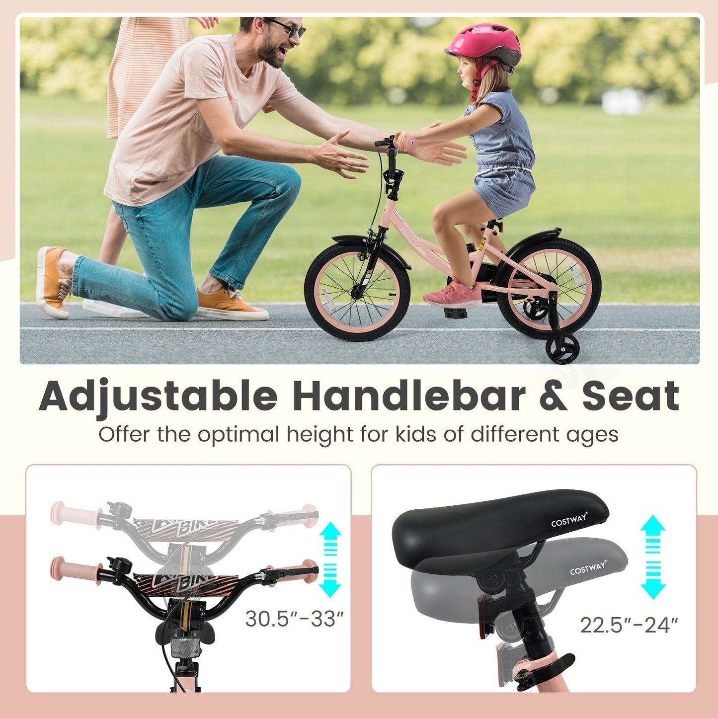 16 Inch Kids Bike Adjustable with Removable Training Wheels Pink for 3-8 Years Old, Pink Kids Bike at Gallery Canada