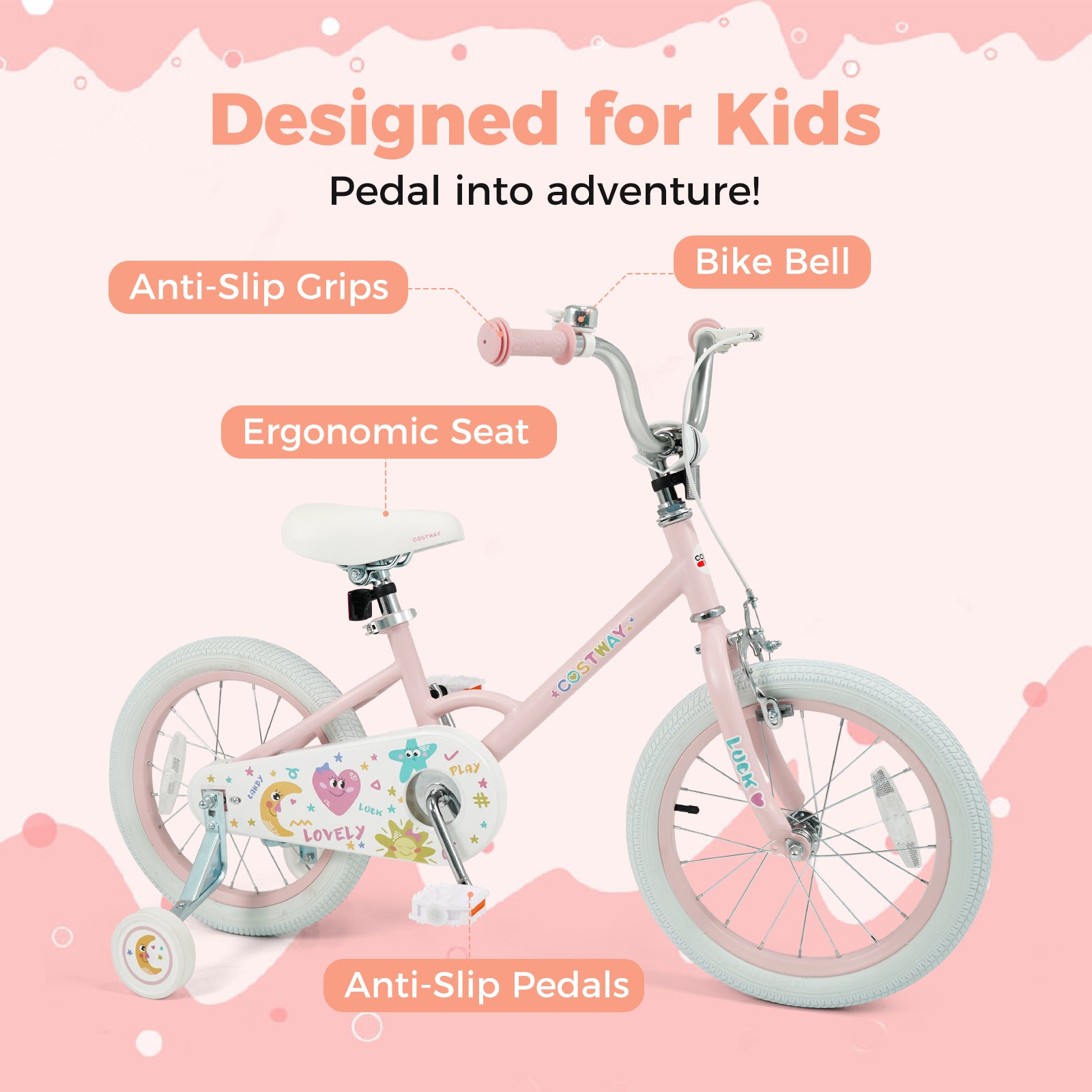 16 Inch Kids Bike Adjustable for 3-8 Years Old Children Pink - Stars & Moon, Pink Kids Bike at Gallery Canada