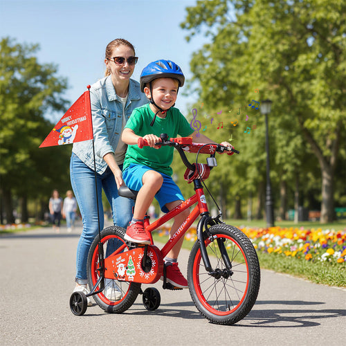 16 Inch Kids Bike Adjustable with Christmas Music & Flag for Aged 4-7 Years Old, Red