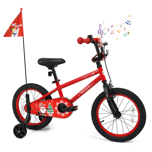16 Inch Kids Bike Adjustable with Christmas Music & Flag for Aged 4-7 Years Old, Red