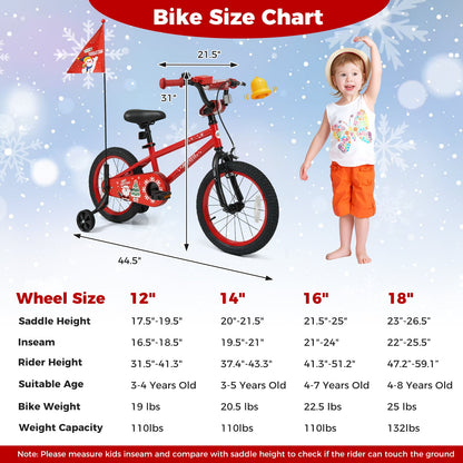 16 Inch Kids Bike Adjustable with Christmas Music & Flag for Aged 4-7 Years Old, Red