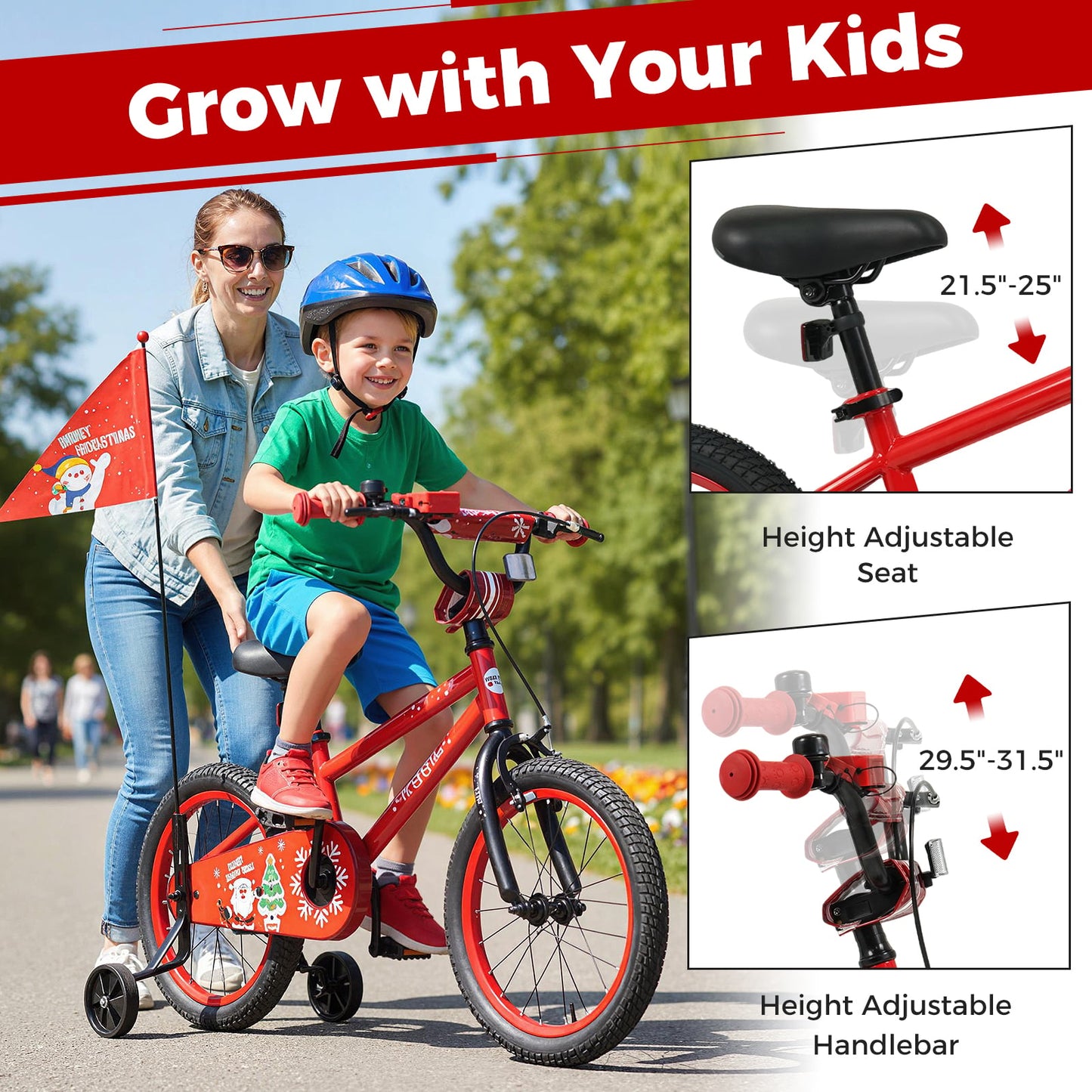 16 Inch Kids Bike Adjustable with Christmas Music & Flag for Aged 4-7 Years Old, Red
