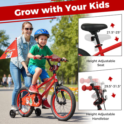 16 Inch Kids Bike Adjustable with Christmas Music & Flag for Aged 4-7 Years Old, Red