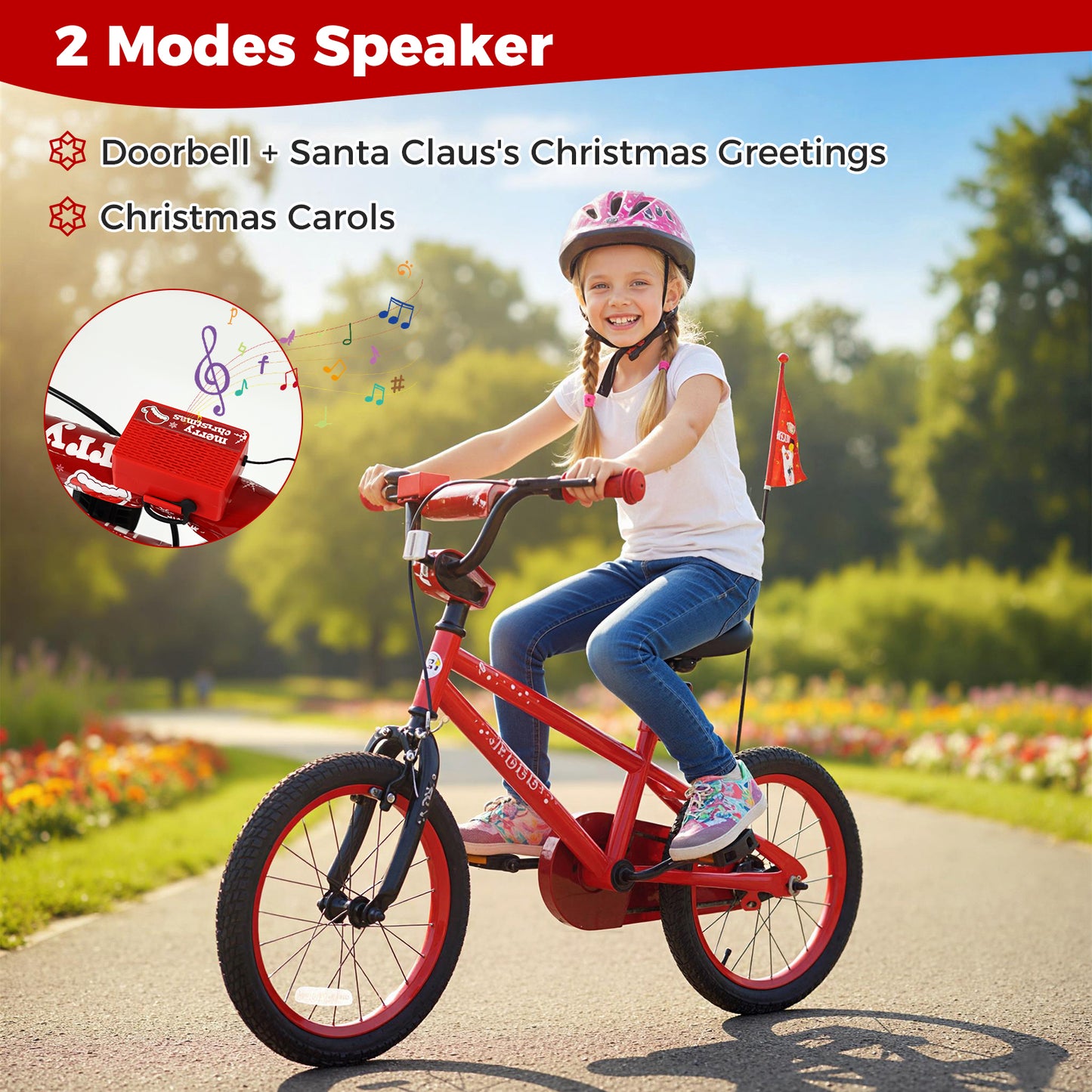 16 Inch Kids Bike Adjustable with Christmas Music & Flag for Aged 4-7 Years Old, Red