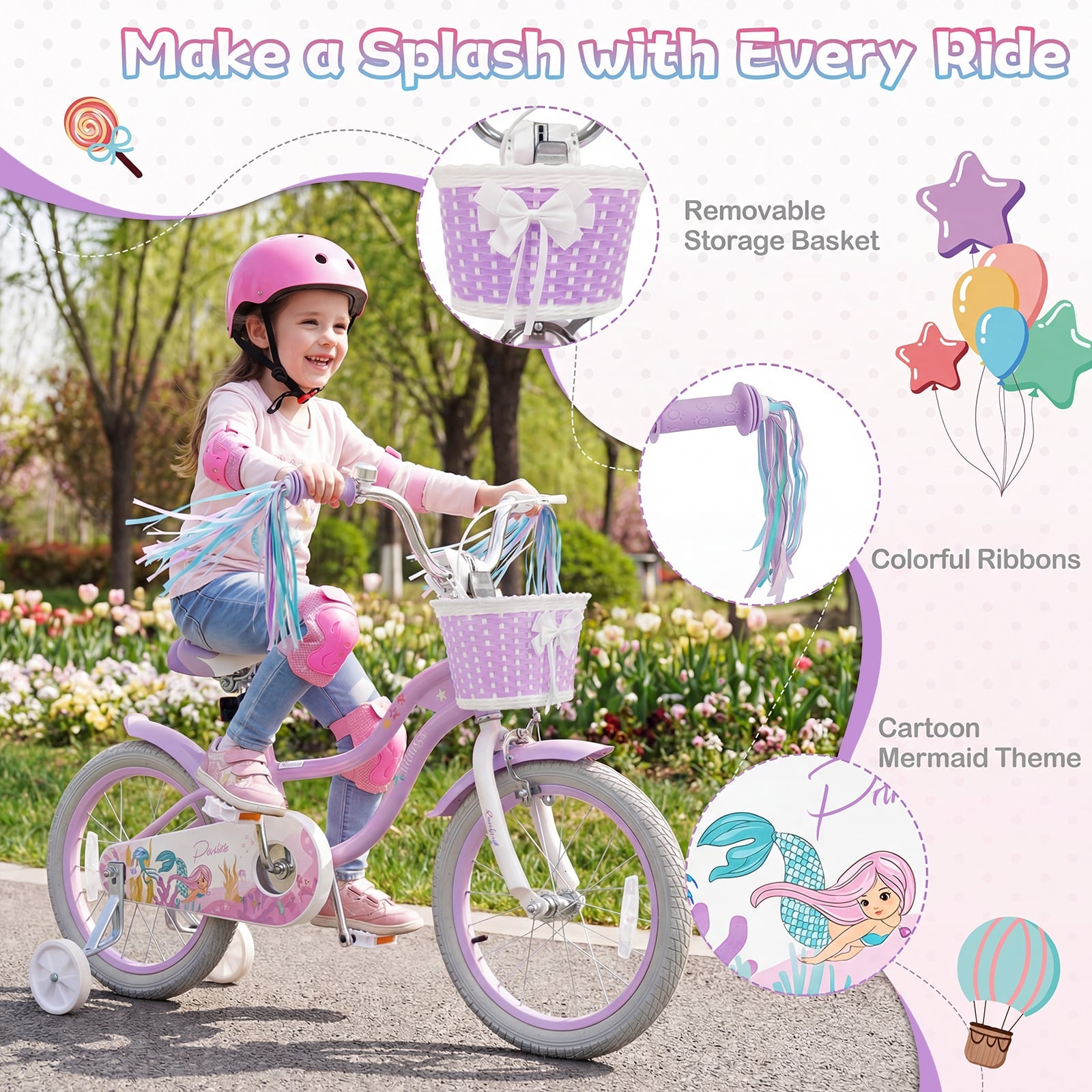 16 Inch Kids Bike, Adjustable, Princess of the Sea Theme, Purple Kids Bike at Gallery Canada