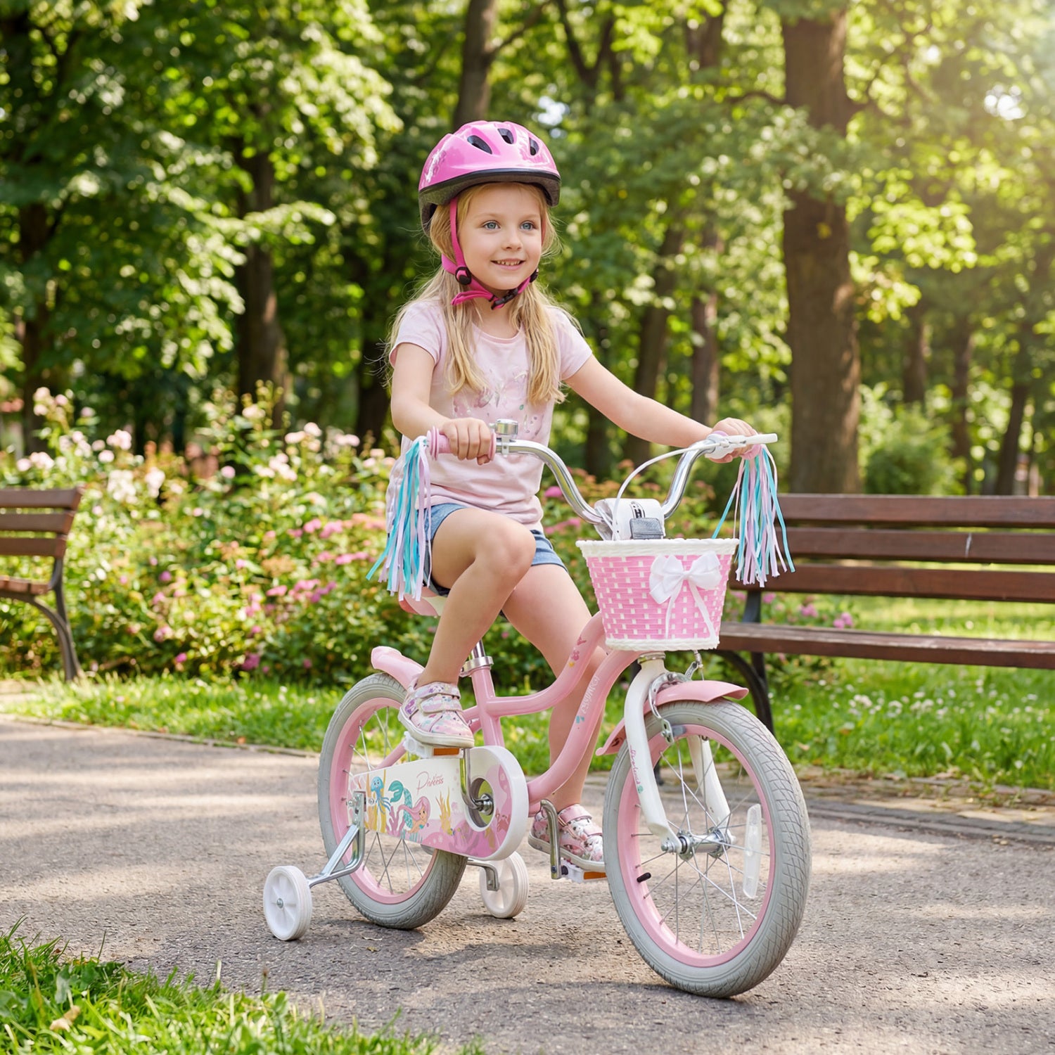 16 Inch Kids Bike Adjustable with Basket and Streamers for Girls Aged 4-7 Years Old Pink, Pink Kids Bike at Gallery Canada