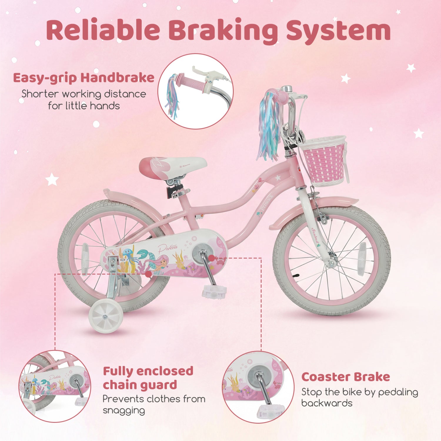 16 Inch Kids Bike Adjustable with Basket and Streamers for Girls Aged 4-7 Years Old Pink, Pink Kids Bike at Gallery Canada