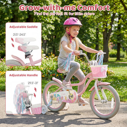 16 Inch Kids Bike Adjustable with Basket and Streamers for Girls Aged 4-7 Years Old Pink, Pink Kids Bike at Gallery Canada