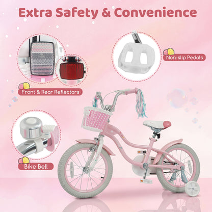 16 Inch Kids Bike Adjustable with Basket and Streamers for Girls Aged 4-7 Years Old Pink, Pink Kids Bike at Gallery Canada