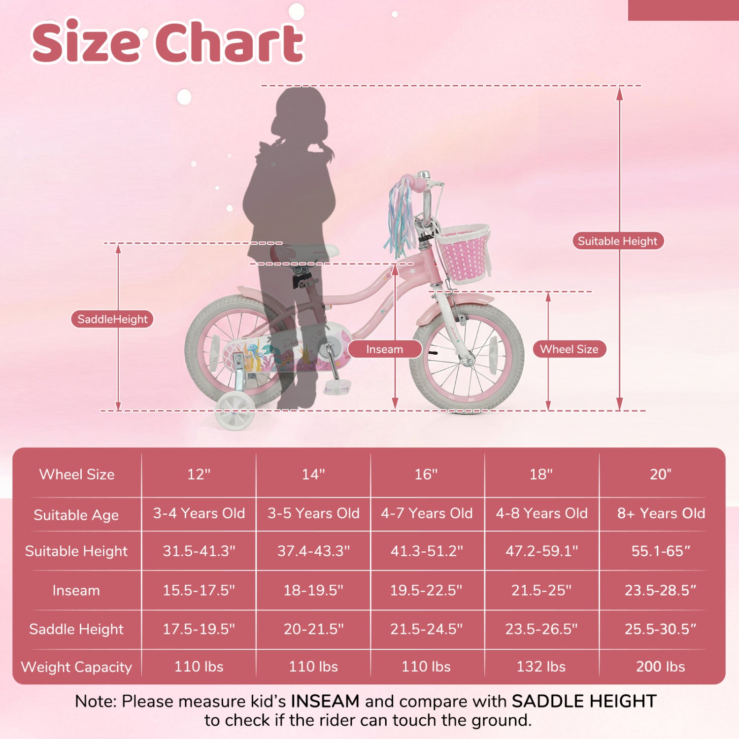 16 Inch Kids Bike Adjustable with Basket and Streamers for Girls Aged 4-7 Years Old Pink, Pink Kids Bike at Gallery Canada