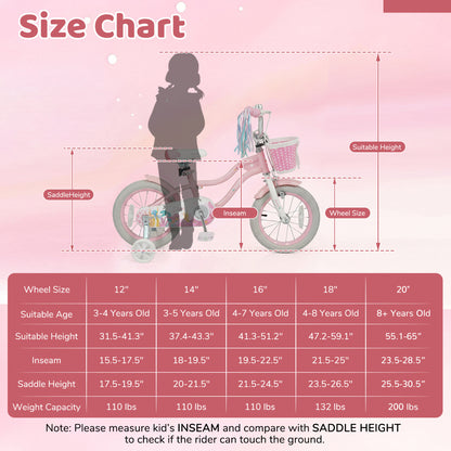 16 Inch Kids Bike Adjustable with Basket and Streamers for Girls Aged 4-7 Years Old Pink, Pink Kids Bike at Gallery Canada