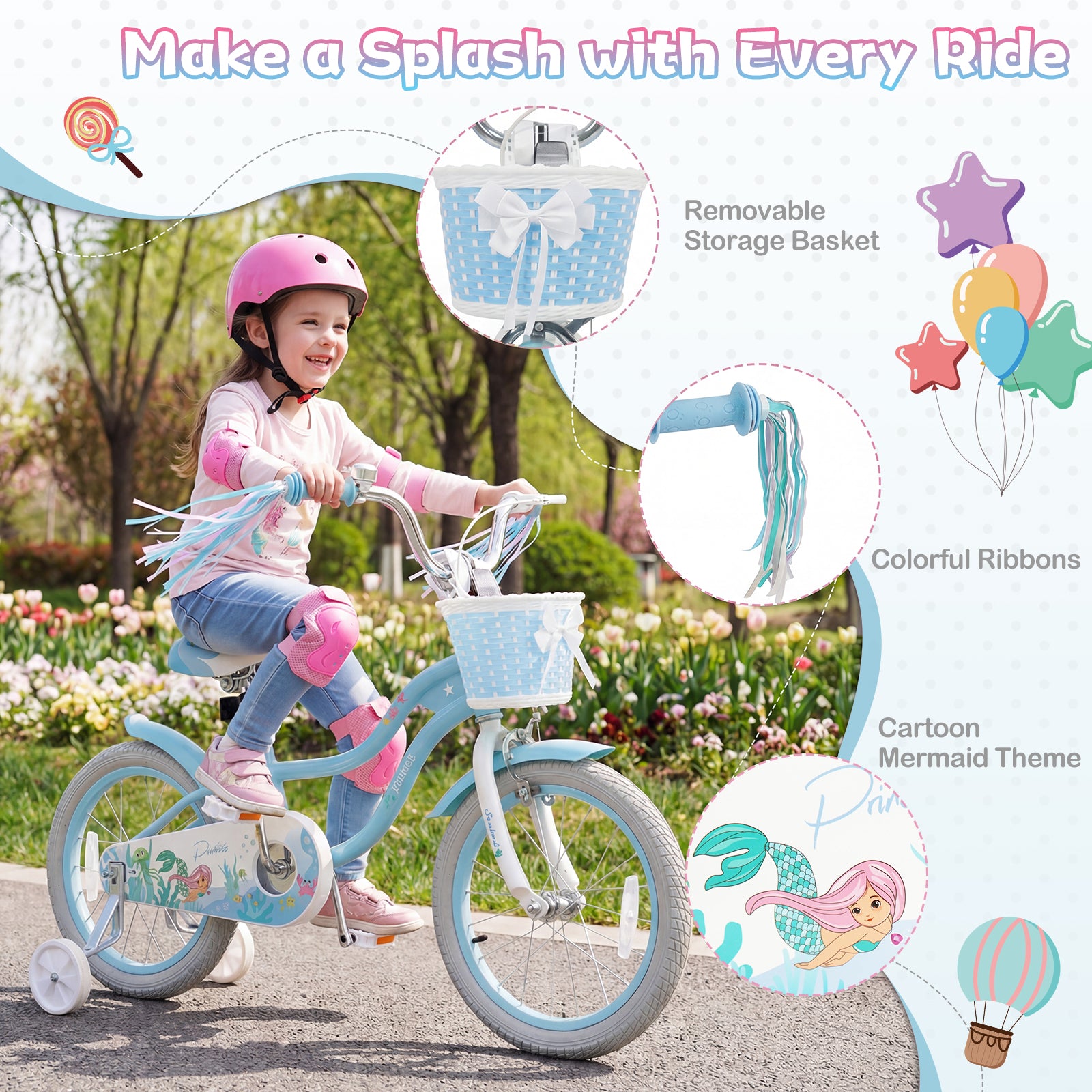 16 Inch Kids Bike, Adjustable With Basket, Princess Of The Sea Theme, Blue Kids Bike at Gallery Canada