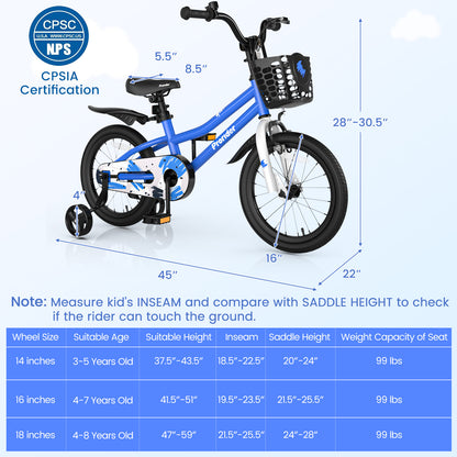16 Inch Kids Bike with Removable Training Wheels, Blue Kids Bike at Gallery Canada