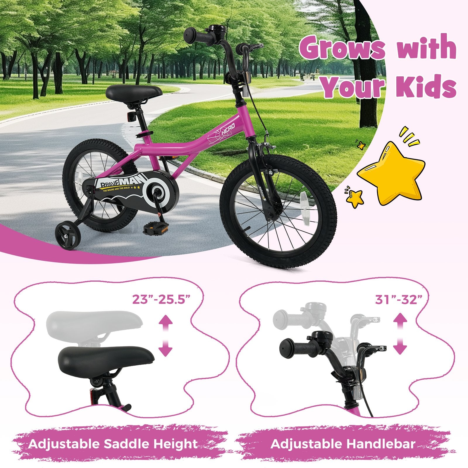 16-Inch Kids Bike with Removable Training Wheels Pink-Brave Hero Scooters at Gallery Canada