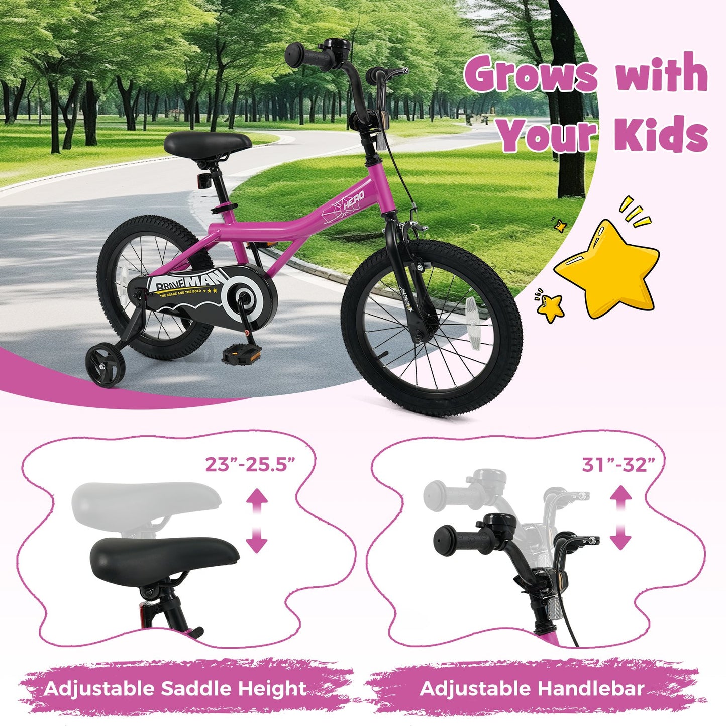 16-Inch Kids Bike with Removable Training Wheels Pink-Brave Hero Scooters at Gallery Canada