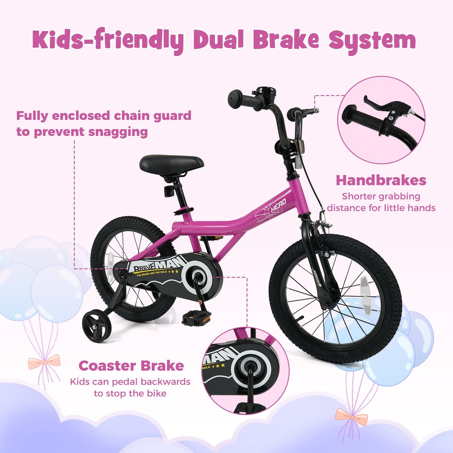 16-Inch Kids Bike with Removable Training Wheels Pink-Brave Hero Scooters at Gallery Canada