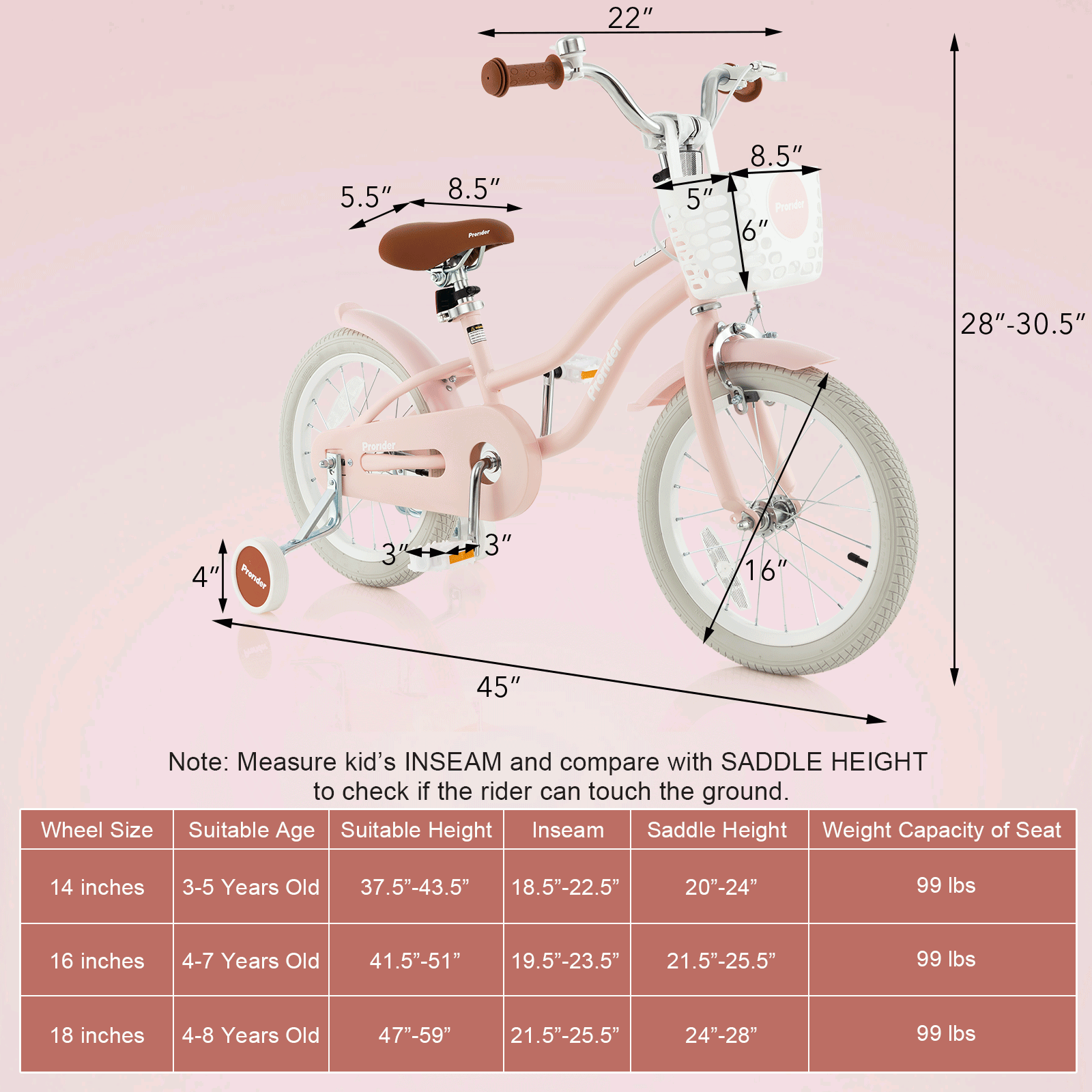 16 Inch Kids Bike with Front Handbrake and 2 Training Wheels, Pink Kids Bike at Gallery Canada