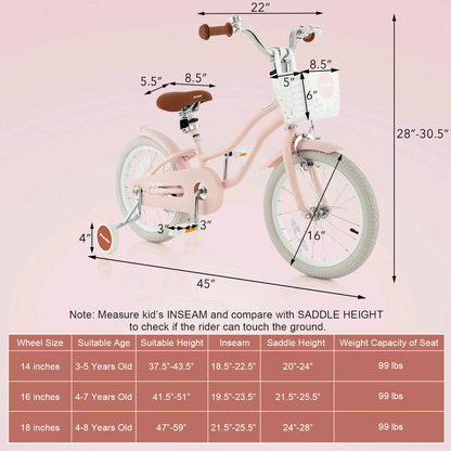 16 Inch Kids Bike with Front Handbrake and 2 Training Wheels, Pink Kids Bike at Gallery Canada