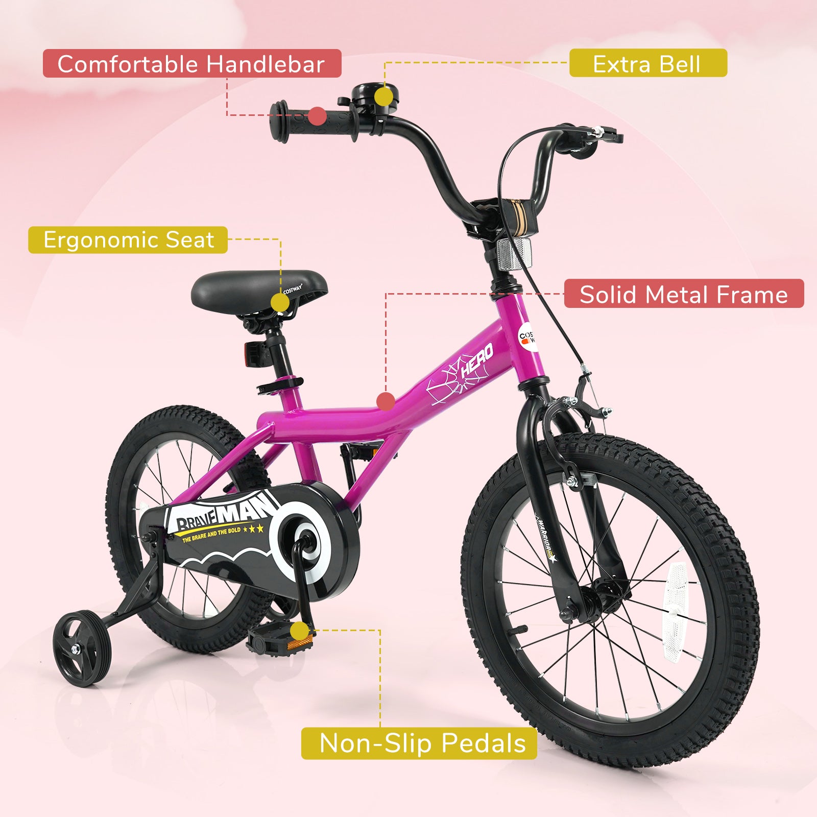 16-Inch Kids Bike, Removable Training Wheels, Brave Hero, Pink Scooters at Gallery Canada