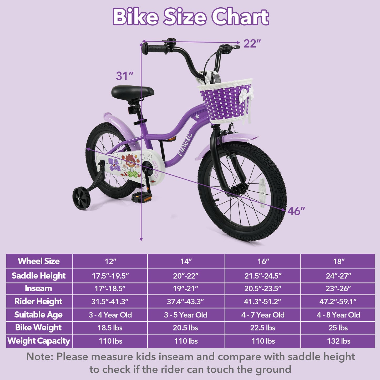 16 Inch Kids Bike with Training Wheels for Aged 4-7 Years Old - Magic Purple, Purple Kids Bike at Gallery Canada