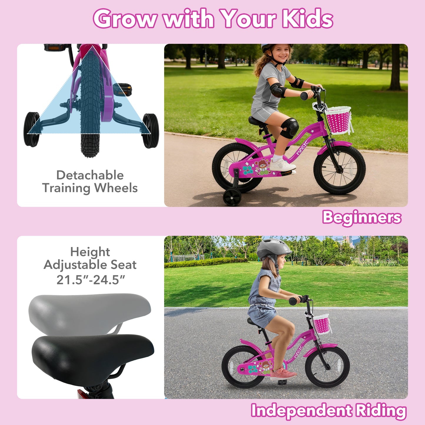 16 Inch Kids Bike with Training Wheels for Aged 4-7 Years Old - Magic Rose, Rose Red Kids Bike at Gallery Canada