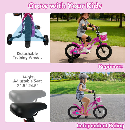 16 Inch Kids Bike with Training Wheels for Aged 4-7 Years Old - Magic Rose, Rose Red Kids Bike at Gallery Canada
