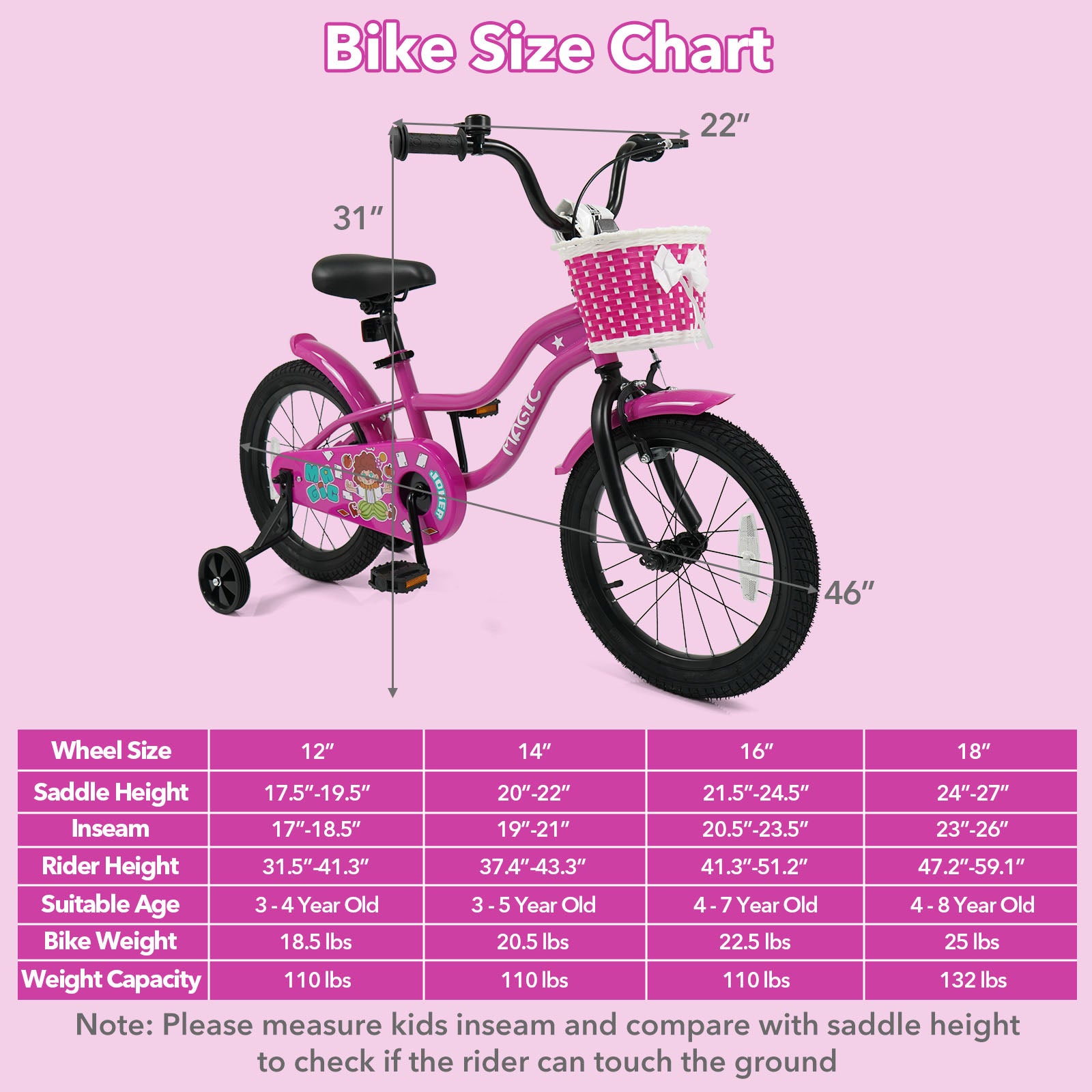 16 Inch Kids Bike with Training Wheels for Aged 4-7 Years Old - Magic Rose, Rose Red Kids Bike at Gallery Canada
