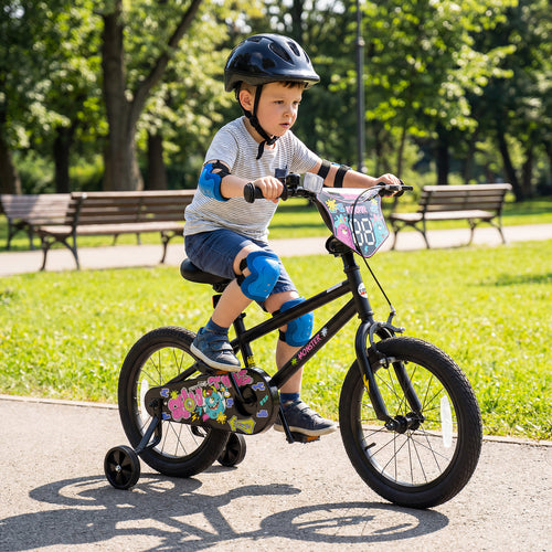 16 Inch Kids Bike with Training Wheels for Ages 4-7 Years Old Black- Street Art Time, Black