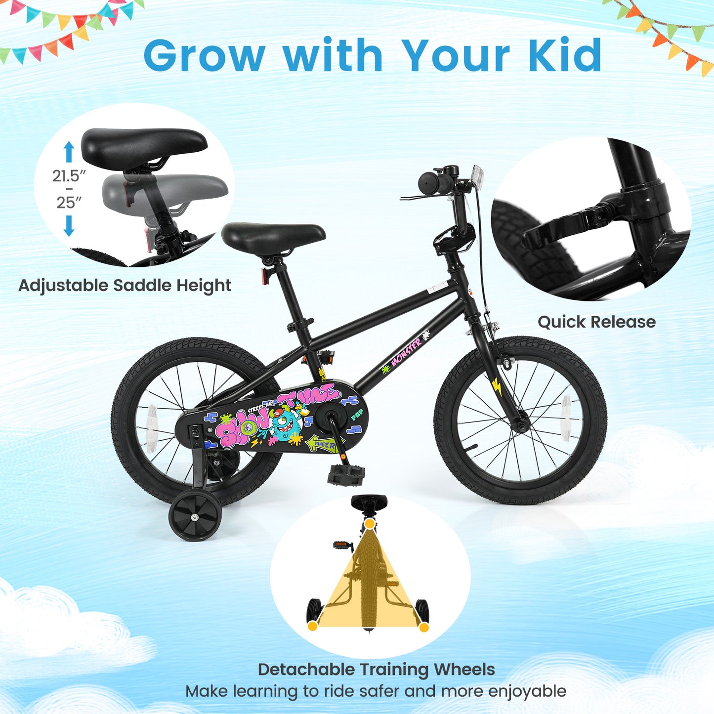 16 Inch Kids Bike with Training Wheels for Ages 4-7 Years Old Black- Street Art Time, Black Kids Bike at Gallery Canada