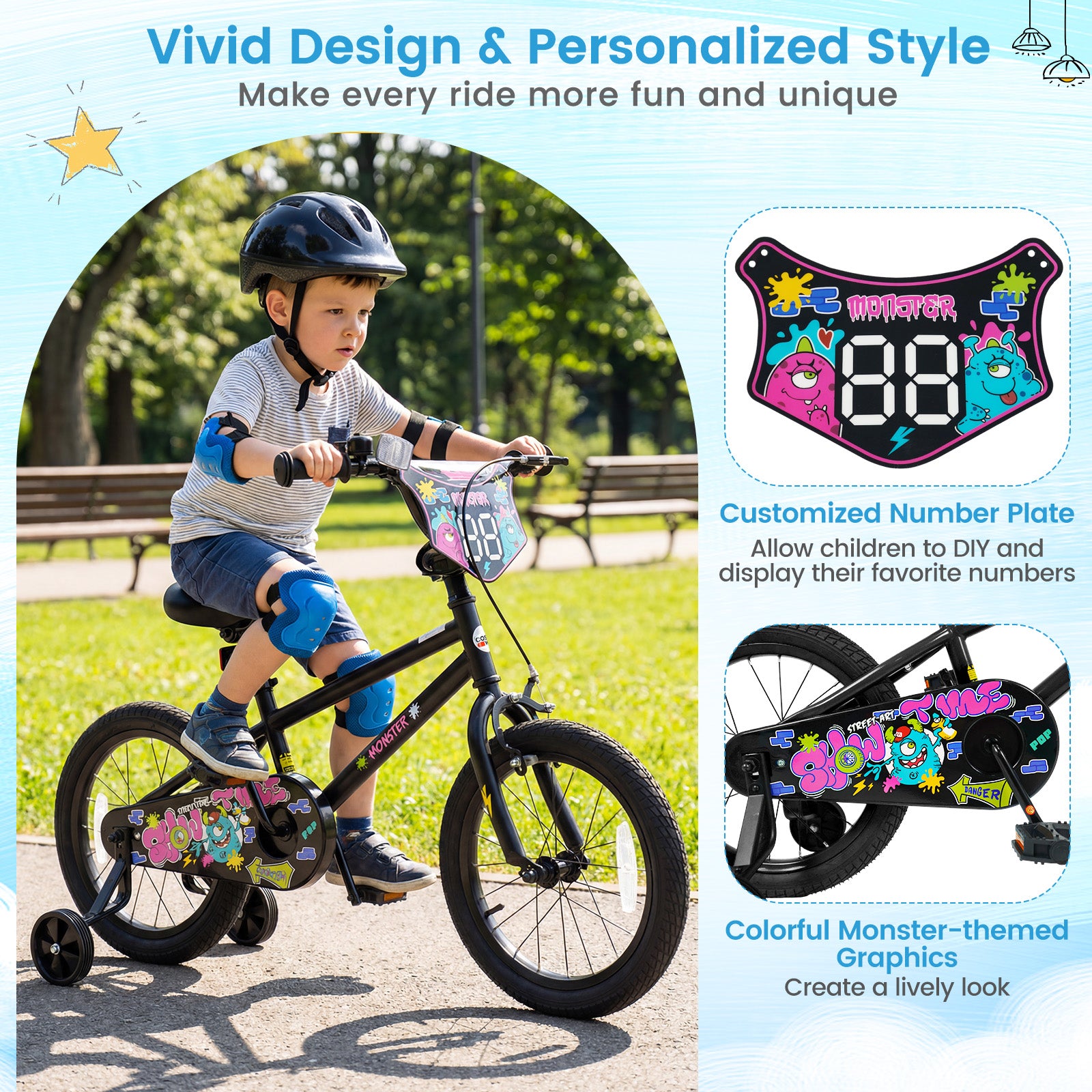 16 Inch Kids Bike with Training Wheels for Ages 4-7 Years Old Black- Street Art Time, Black Kids Bike at Gallery Canada