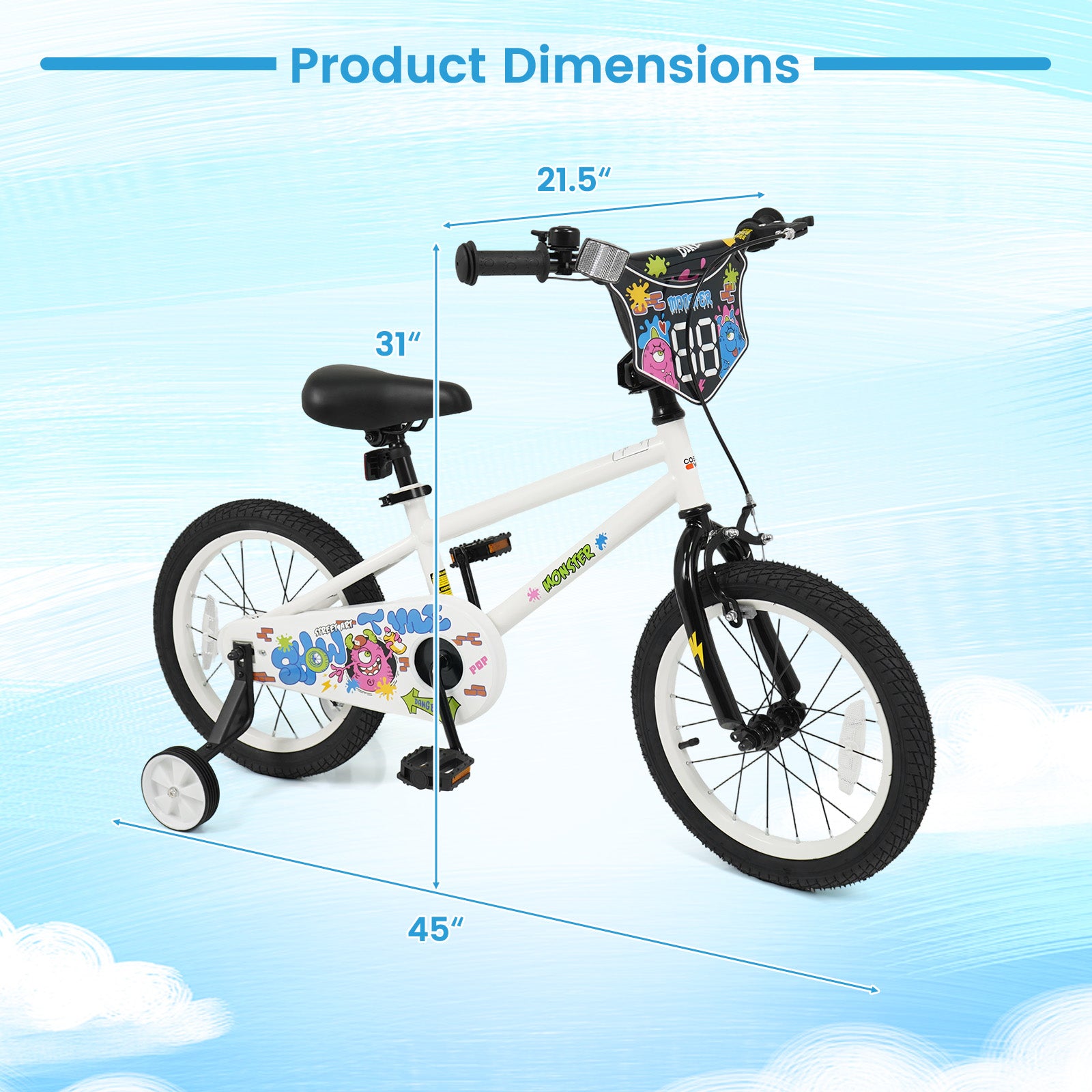 16 Inch Kids Bike with Training Wheels for Ages 4-7 Years Old White- Street Art Time, White Kids Bike at Gallery Canada