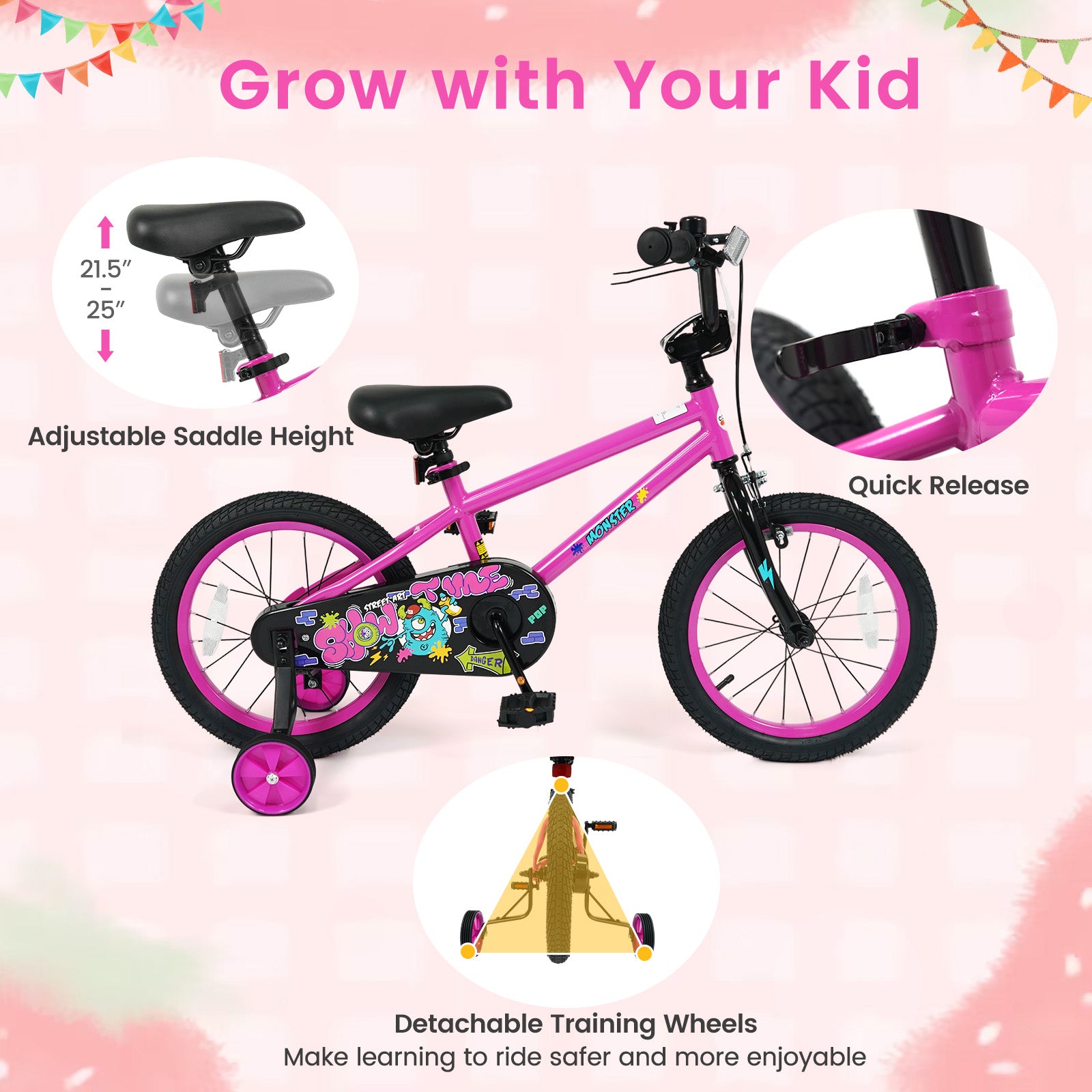 16 Inch Kids Bike with Training Wheels for Ages 4-7 Years Old Pink- Street Art Time, Pink Kids Bike at Gallery Canada