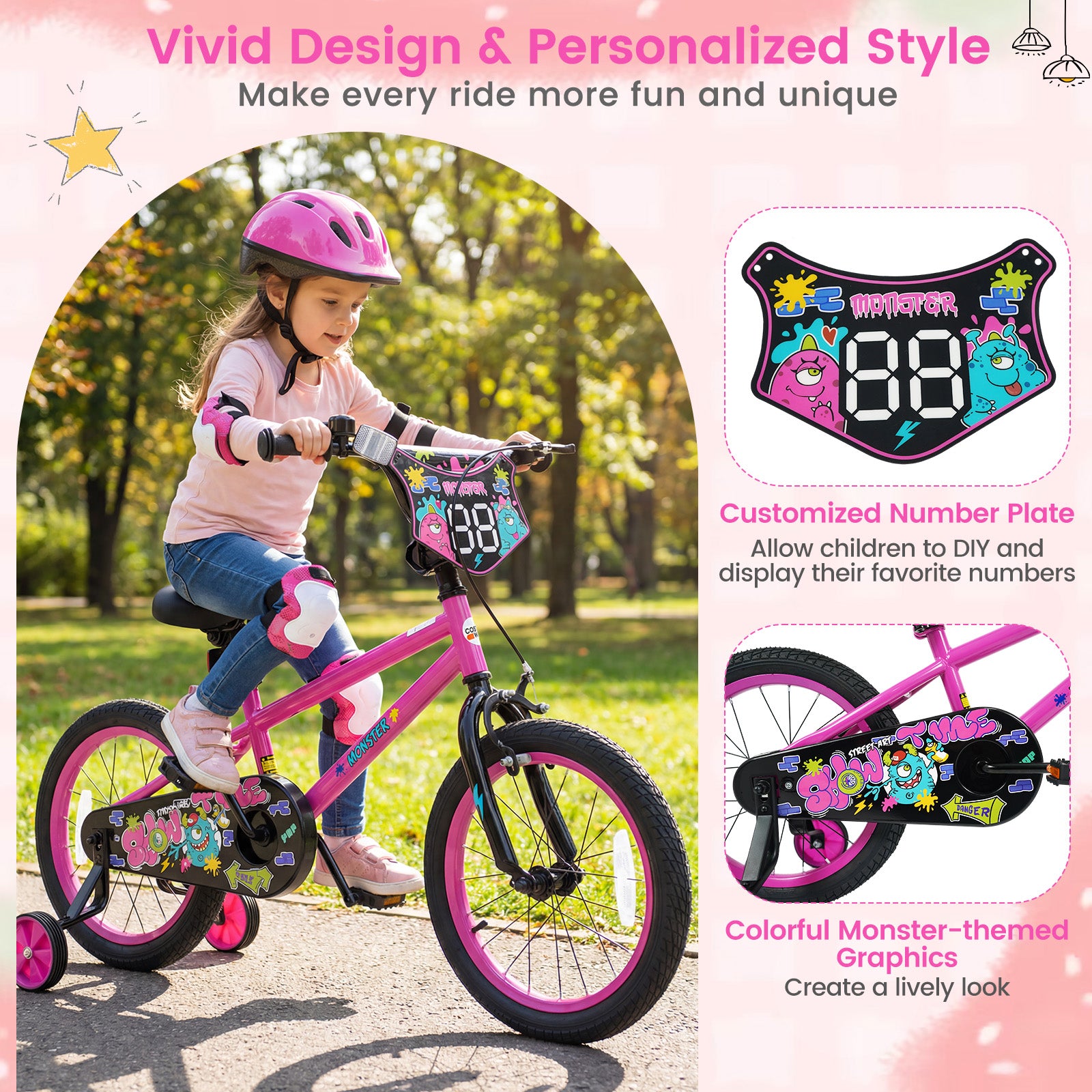 16 Inch Kids Bike with Training Wheels for Ages 4-7 Years Old Pink- Street Art Time, Pink Kids Bike at Gallery Canada