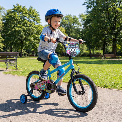 16 Inch Kids Bike with Training Wheels for Ages 4-7 Years Old Blue- Street Art Time, Blue Kids Bike at Gallery Canada
