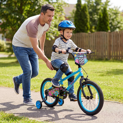 16 Inch Kids Bike with Training Wheels for Ages 4-7 Years Old Blue- Street Art Time, Blue Kids Bike at Gallery Canada