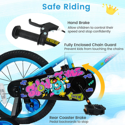 16 Inch Kids Bike with Training Wheels for Ages 4-7 Years Old Blue- Street Art Time, Blue Kids Bike at Gallery Canada