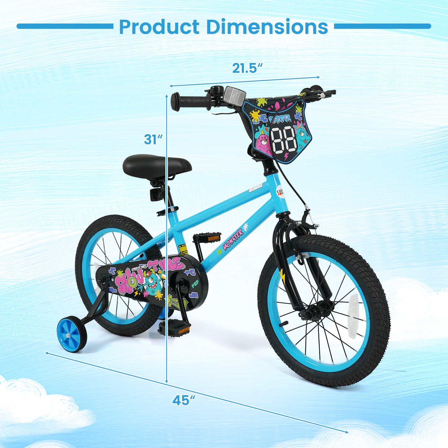 16 Inch Kids Bike with Training Wheels for Ages 4-7 Years Old Blue- Street Art Time, Blue Kids Bike at Gallery Canada