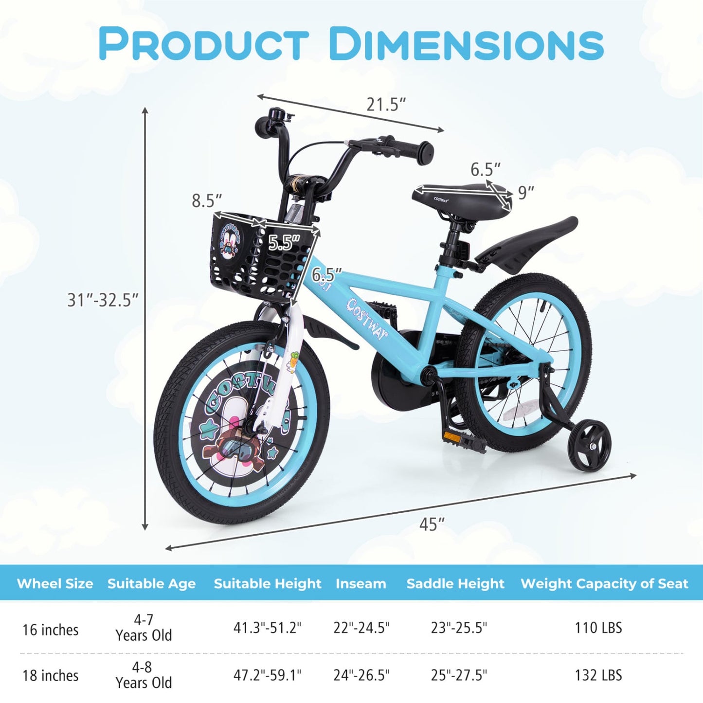 Vélo pour enfants 16 pouces, guidon et selle réglables, bleu