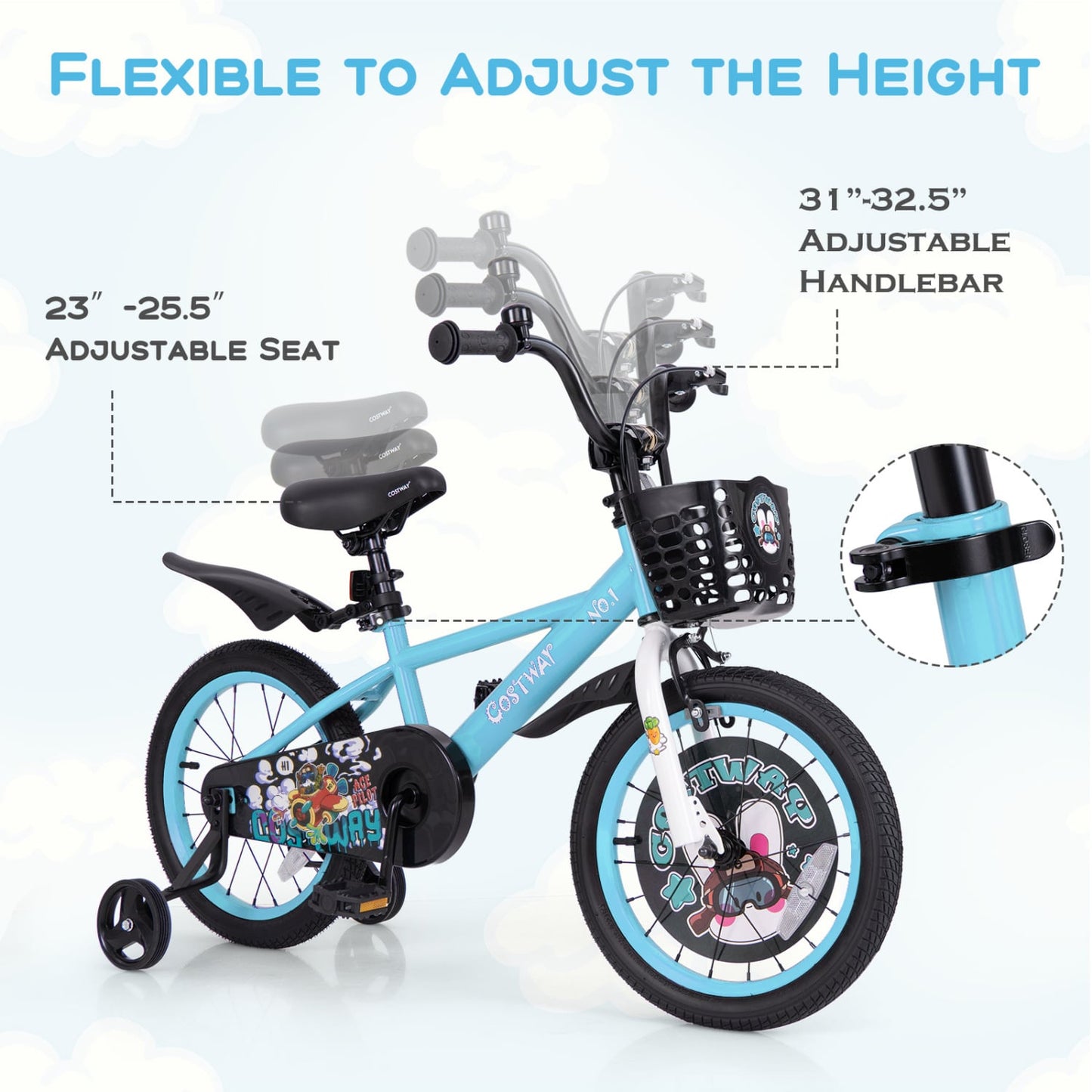 Vélo pour enfants 16 pouces, guidon et selle réglables, bleu