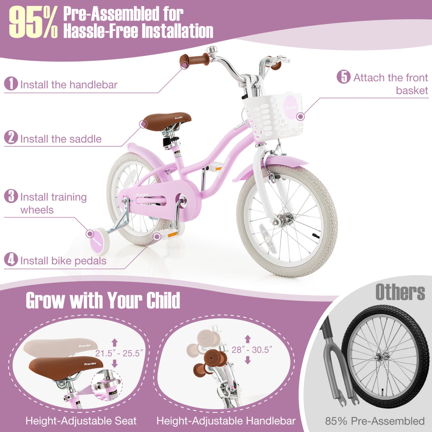 16 Inch Kids Bike, Front Handbrake, Training Wheels, Purple Kids Bike at Gallery Canada
